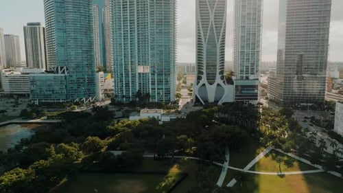 Aerial view above Bayfront Park Miami Florida