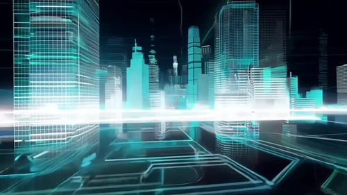 Futuristic Animation of Digital City Skyline on Black