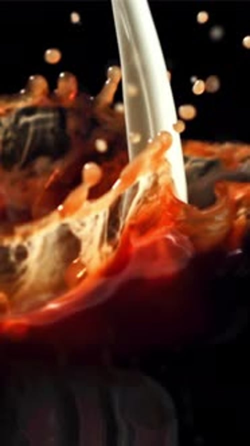 A Stream of Milk is Poured Into the Black Coffee Filmed on a Highspeed Camera at 1000 Fps