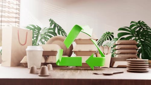 Eco-friendly packaging materials with a bright green recycling symbol in front
