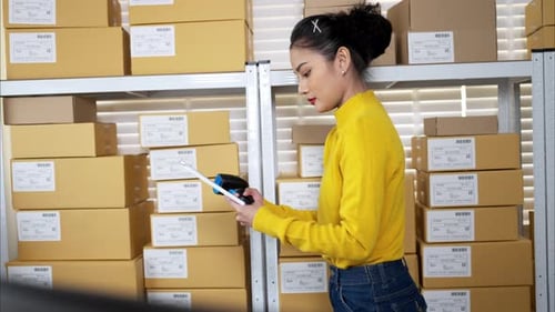 Female warehouse staff scanning barcode on cardboard box, managing inventory