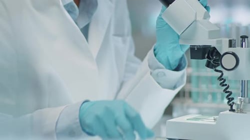 Scientist Analyzing Sample with Microscope in a Laboratory
