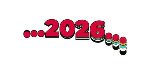 Bold Retrostyle 2026 with Colorful Layered Shadows Animates Along a Wavy Path Playful and