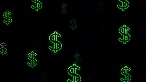 Green neon dollar sign particles loop animation background