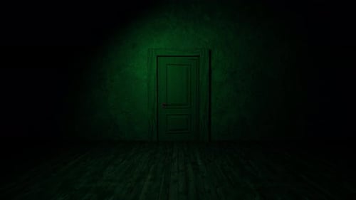 Esferas brillantes que salen de una puerta en una habitación oscura