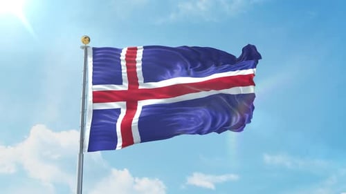 National Flag of Iceland Waving in Bright Sky