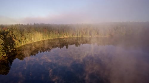 Misty Lake Sunrise Aerial View, Forest Reflection