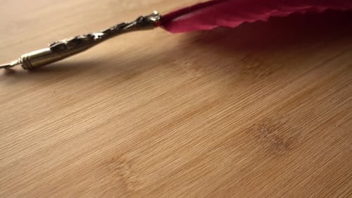 Feather Pen on Wood Background Rotates