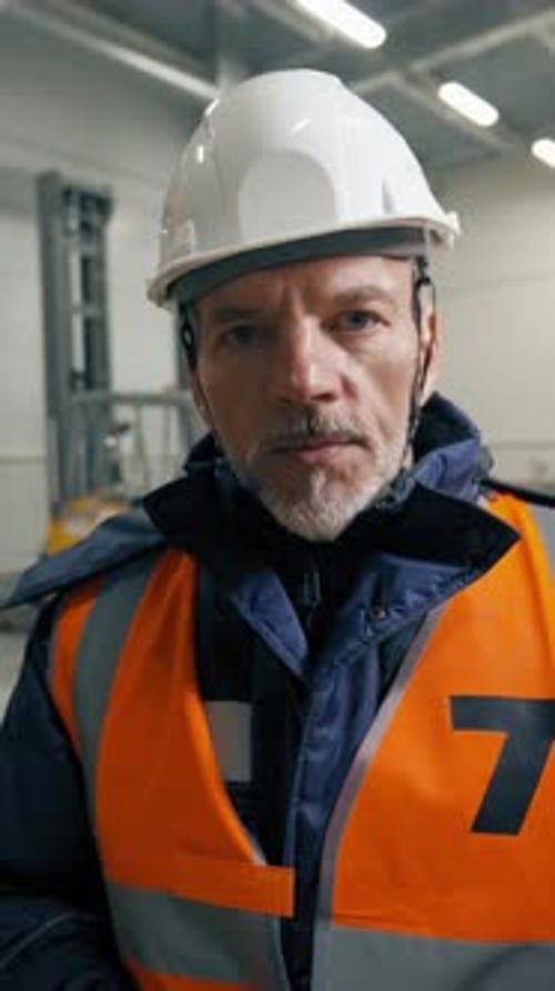 Vertical of Bearded Engineer Talks About Work in Warehouse at Interview
