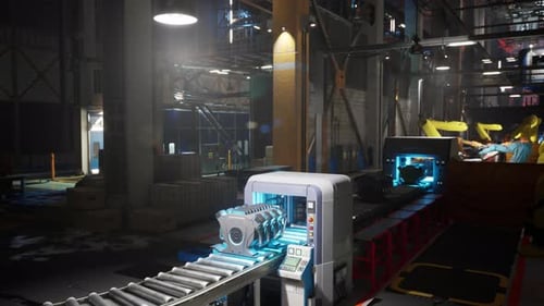 Cinta transportadora que transporta componentes de maquinaria en una fábrica industrial