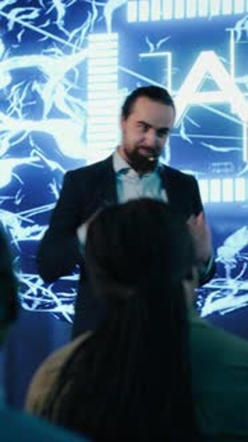 Man in suit presenting AI in corporate setting