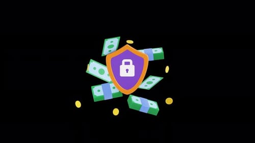 Animated Financial Security Shield with Floating Money and Coins