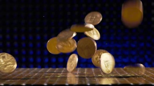 The Rain of Shining Bitcoins Are Falling on the Golden Area, Turning,