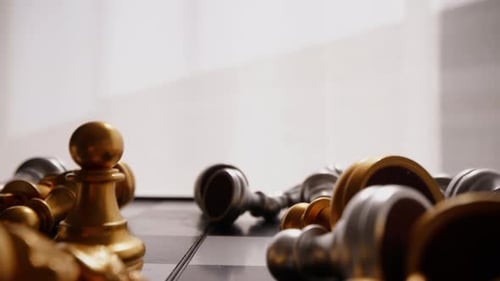 Chessboard with Fallen Pieces and One Standing Pawn