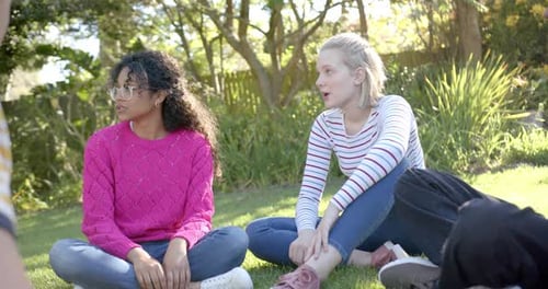 Happy diverse group of teenage friends sitting on grass and talking in sunny park, slow motion