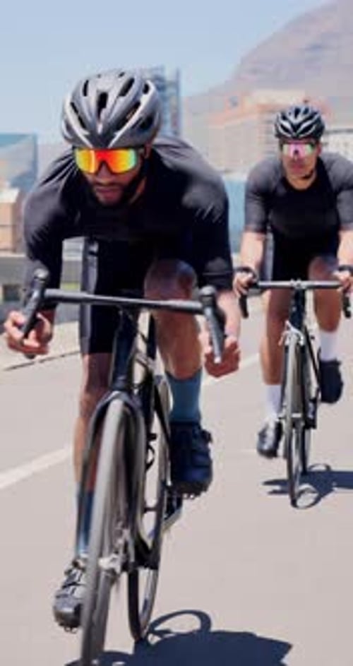 Cycling, team and men on bike outdoor for practice, competition and active on road for journey