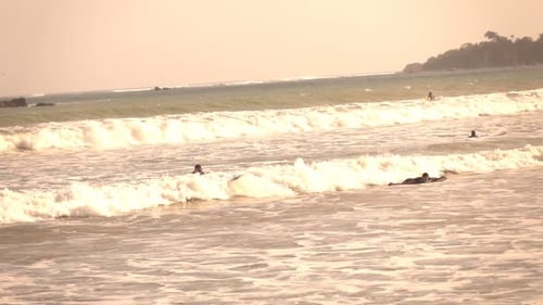 Father With Son Surfing On Board In Sea, Super Slow Motion 240fps