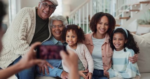 Photography, parent and grandparents with children in home together with bonding