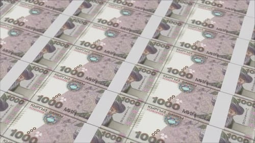 1000 KYRGYZSTANI SOM banknotes printed by a money press
