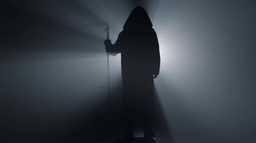 Mysterious hooded figure with staff in smoky atmosphere