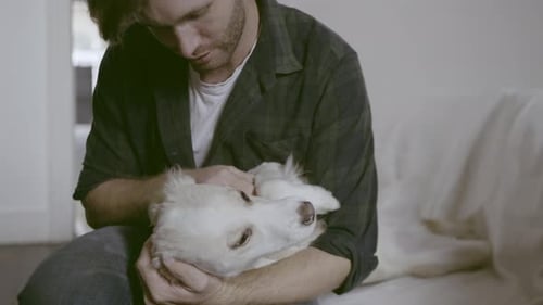 Man Cuddles White Dog on Couch