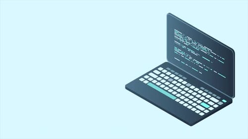 Isometrische Laptop-Animation. Isometrischer 3D-Laptop-Computer. Abstrakte Programmiersprache und Programm