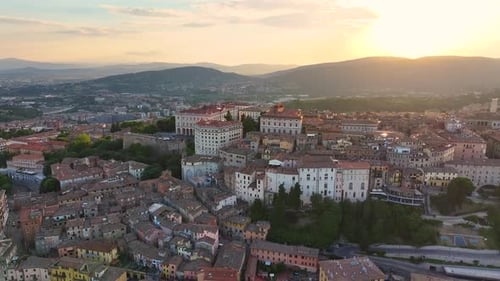 Aerial View of Perugia City Skyline at Sunset Golden Hour Umbria Italy