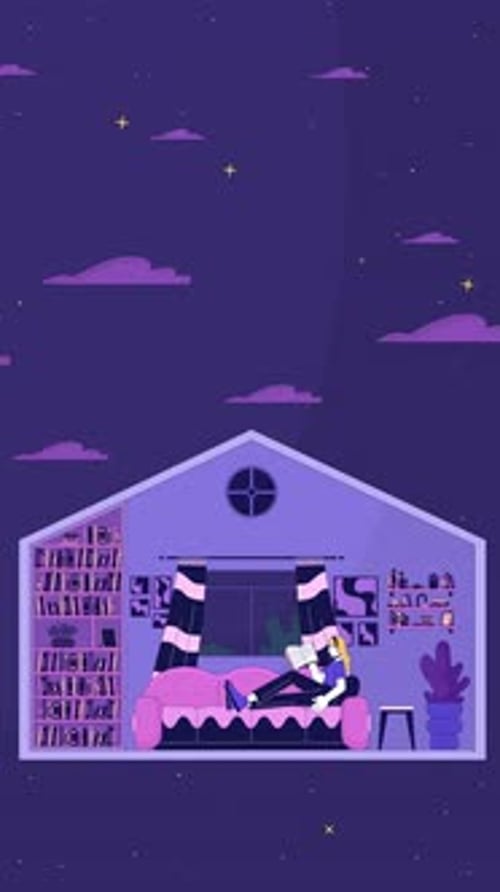 Cozy lofi reading nook at night with books and stars vertical animation