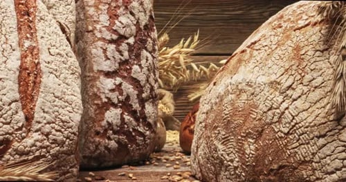 Multi grains in the bag and loaves of bread.