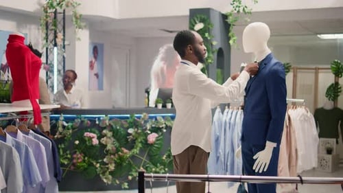 Elegant Boutique Man Adjusting Mannequin's Suit