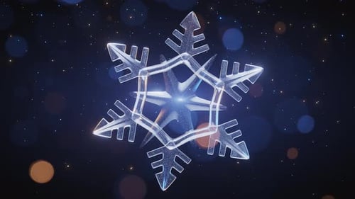 Glowing 3D snowflake with sparkling particles on a dark blue background