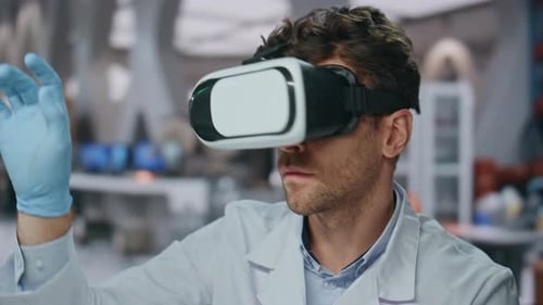 Glasses Scientist Controlling Virtual Reality in Neuroscience Laboratory Closeup