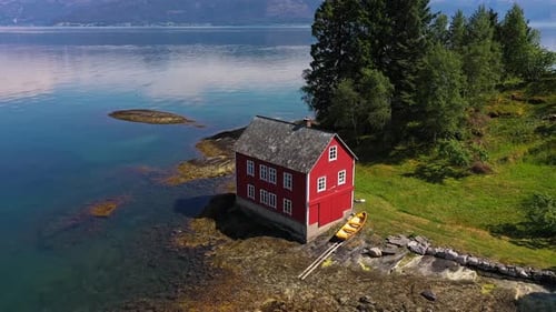 Aerial view of Omaholmen red house, Norway.