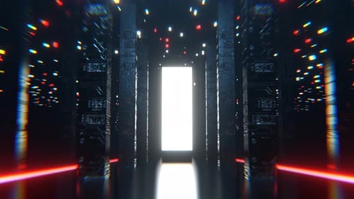 Rote und weiße Neon-Sci-Fi-Halle mit hohen Säulen und Portalhintergrund Vj Loop I 4K