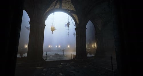 Gloomy Medieval Hall with Archways and Soft Lighting From Lanterns