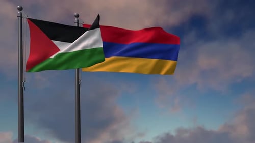 Palestine and Armenia Flags Waving in Cloudy Sky
