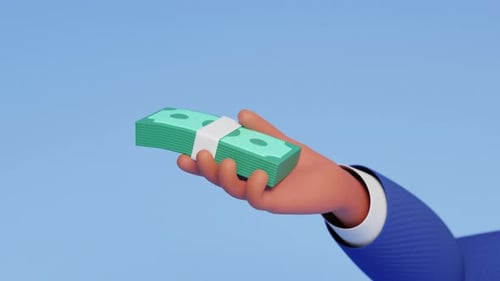 Banknotes of money in the hand animation. 3d render. Rich guy, wealthy life, financial success