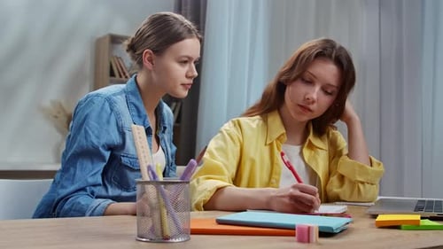 Two Young Women Studying Together at a Desk in Room