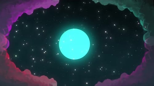 Cartoon-Mond am dunklen Himmel und leuchtende weiße Sterne, die sich am Himmel bewegen. Loop-Animation von Wolken