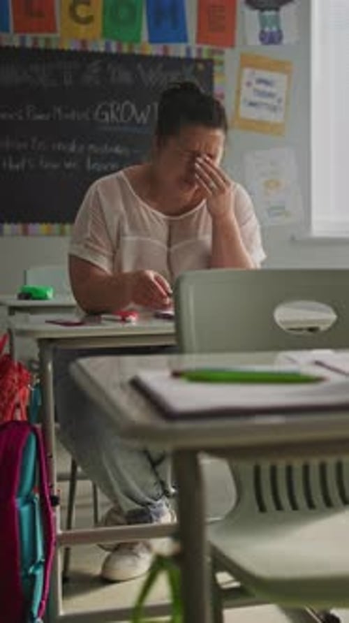 Tired Female Teacher Sitting Alone at the Desk in Empty Classroom Relaxing After Class