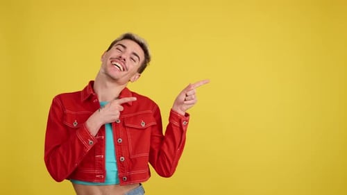 Stylish Young Adult Presenting on Yellow Background