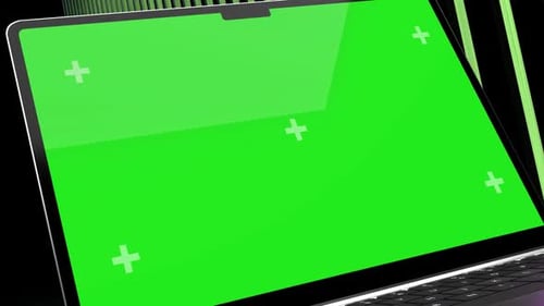 Laptop with blank green screen, standing on poduim. Computer mock up with Chroma Key. 3D Render