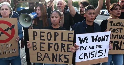 Group of diverse people protest against inflation and financial crisis - Multiracial protesters