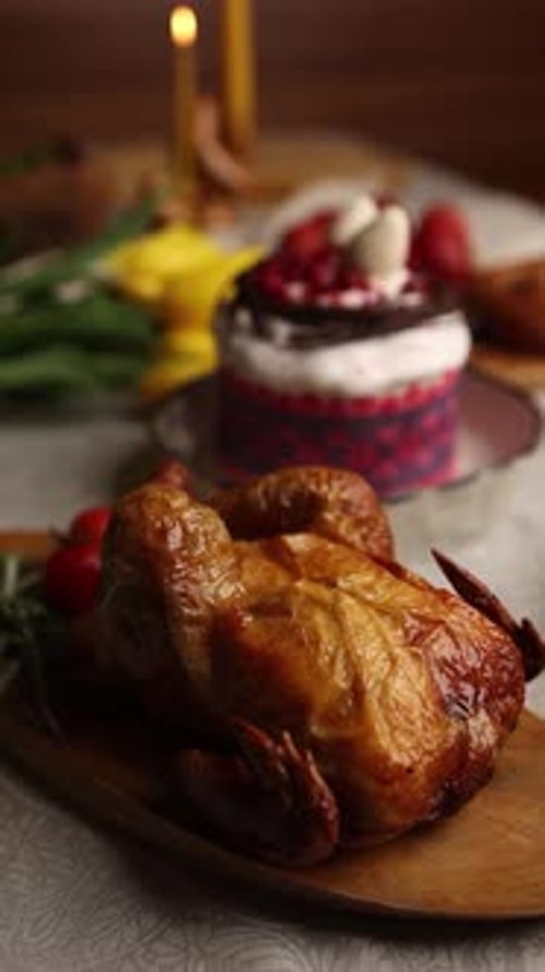 Festive Holiday Feast with Roasted Turkey and Cake