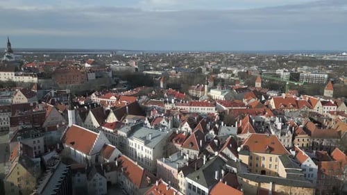 Aerial view Tallinn Estonia.Central town square with town hall cityscape with historic buildings and