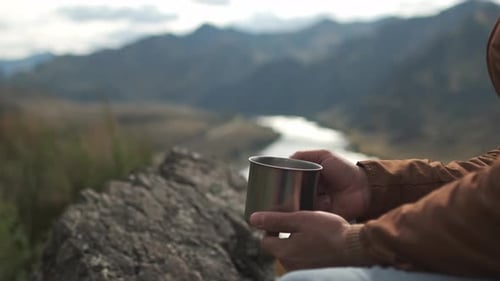 Hiker Tourist Traveler Man Drinking Hot Thermos Cup Mountain Camping Camp Tent Traveling Hikingю