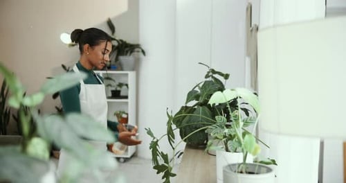Young Woman Sprays Water on Potted Plants