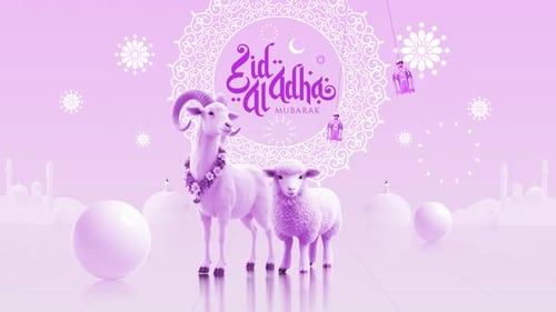 Eid Al Adha Mubarak Greeting with Animated Sheep and Decorative Elements