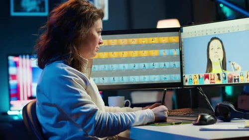 Woman Editing Photos at Computer in Home Office