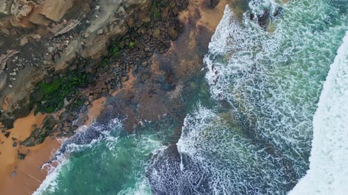 Rough Sea Waves Washing Seashore Stones Foamy Ocean Breaking Volcanic Hills